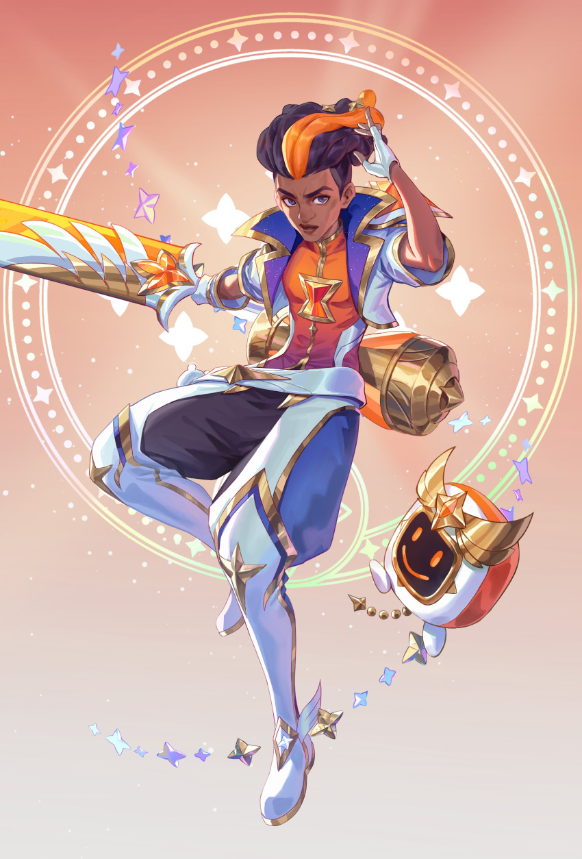 1boy absurdres alternate_costume arm_up artist_request black_hair blue_eyes boots brooch closed_mouth dark-skinned_male dark_skin ekko_(league_of_legends) fingerless_gloves gloves highres holding holding_sword holding_weapon jacket jewelry league_of_legends looking_at_viewer male_focus multicolored_hair official_alternate_costume official_art orange_hair orange_shirt outstretched_arm serious shirt short_sleeves single_fingerless_glove solo star_(symbol) star_guardian_(league_of_legends) star_guardian_ekko star_guardian_pet streaked_hair sword v-shaped_eyebrows weapon white_footwear white_gloves white_jacket