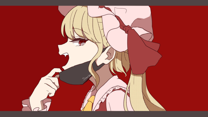 1girl adapted_costume ascot bare_shoulders blonde_hair character_name collared_shirt derivative_work fangs flandre_scarlet frilled_shirt_collar frills from_side hat hat_ribbon highres letterboxed long_hair looking_at_viewer looking_to_the_side mask_pull miyangoroge mob_cap red_background ribbon ribbon-trimmed_headwear ribbon_trim shirt simple_background solo teeth touhou upper_body upper_teeth_only vampire vampire_(vocaloid) vocaloid white_headwear wrist_cuffs yellow_ascot