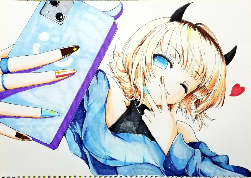 1girl bare_shoulders blonde_hair blue_eyes blue_sweater cellphone commentary demon_horns heart highres holding holding_phone horns jewelry long_sleeves marker_(medium) memcho multicolored_nails multiple_rings nail_polish no_pupils off-shoulder_sweater off_shoulder one_eye_closed oshi_no_ko phone ring selfie short_hair simple_background smartphone smartphone_case smile solo sweater traditional_media urumashi-03301980 w white_background wings