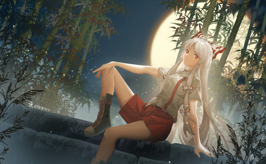 1girl bamboo boots bow closed_mouth collared_shirt dated foot_out_of_frame fujiwara_no_mokou full_body furahata_gen hair_bow highres long_hair red_eyes red_shorts shirt short_sleeves shorts signature sitting solo touhou white_bow white_hair white_shirt