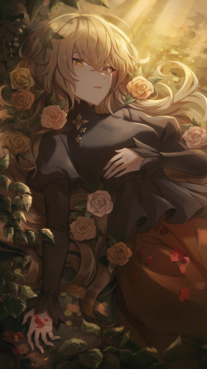1girl absurdres black_shirt blonde_hair brown_skirt commentary english_commentary flower hand_on_own_stomach highres juliet_sleeves leaf long_hair long_skirt long_sleeves original petals peumya puffy_sleeves rose shirt skirt solo yellow_eyes yellow_flower yellow_rose