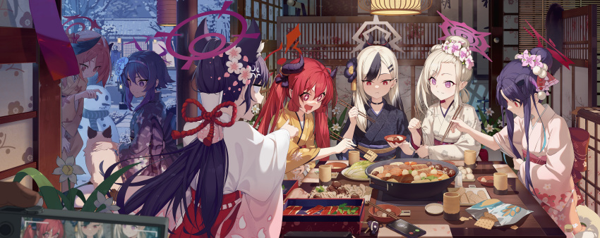 1boy 6+girls absurdres alternate_costume animal_ears aris_(blue_archive) back_bow black_choker black_hair blank_eyes blue_archive blue_flower blue_kimono bow cat_ears character_request check_character chinese_knot choker chopsticks closed_mouth dalian_(1457091741) demon_girl demon_horns drooling ear_piercing floral_print flower food food_request fuuka_(blue_archive) fuuka_(new_year)_(blue_archive) gradient_hair grey_halo hair_between_eyes hair_bun hair_flower hair_ornament hairclip halo haruka_(blue_archive) haruka_(new_year)_(blue_archive) haruna_(blue_archive) haruna_(new_year)_(blue_archive) highres horns indoors japanese_clothes junko_(blue_archive) junko_(new_year)_(blue_archive) kayoko_(blue_archive) kayoko_(new_year)_(blue_archive) keychain kimono koharu_(blue_archive) long_hair long_sleeves mouth_drool multicolored_hair multiple_girls mutsuki_(blue_archive) mutsuki_(new_year)_(blue_archive) obi official_alternate_costume open_mouth petting piercing pink_eyes pink_halo pink_kimono pointy_ears ponytail print_kimono purple_halo red_eyes red_halo sash sensei_(blue_archive) serika_(blue_archive) serika_(new_year)_(blue_archive) serina_(blue_archive) serina_(christmas)_(blue_archive) smile split_mouth streaked_hair taking_picture textless_version twintails violet_eyes white_flower white_hair white_kimono wide_sleeves yellow_kimono