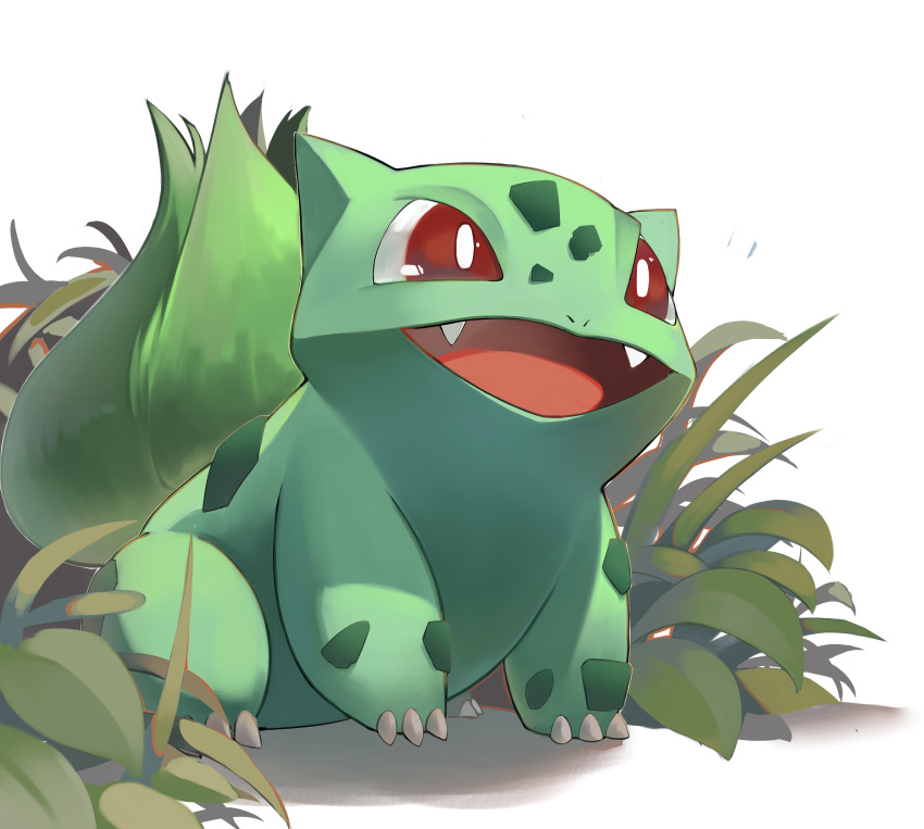 absurdres bright_pupils bulbasaur claws commentary fangs happy highres kyosaikun looking_up no_humans open_mouth plant pokemon pokemon_(creature) red_eyes solo tongue white_background white_pupils