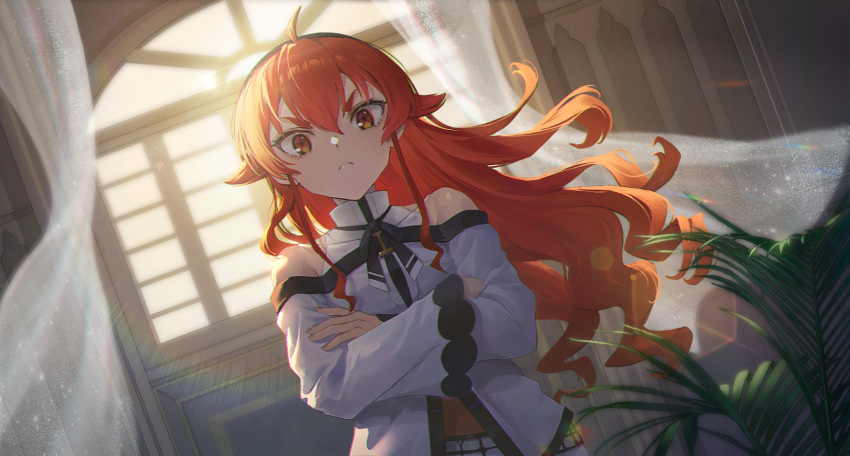 1girl ahoge bare_shoulders black_hairband closed_mouth crossed_arms curtains dutch_angle eris_greyrat hair_between_eyes hairband high_collar highres indoors lens_flare long_hair long_sleeves looking_at_viewer lordry mushoku_tensei off-shoulder_shirt off_shoulder red_eyes redhead shirt solo thick_eyebrows upper_body v-shaped_eyebrows wide_sleeves window