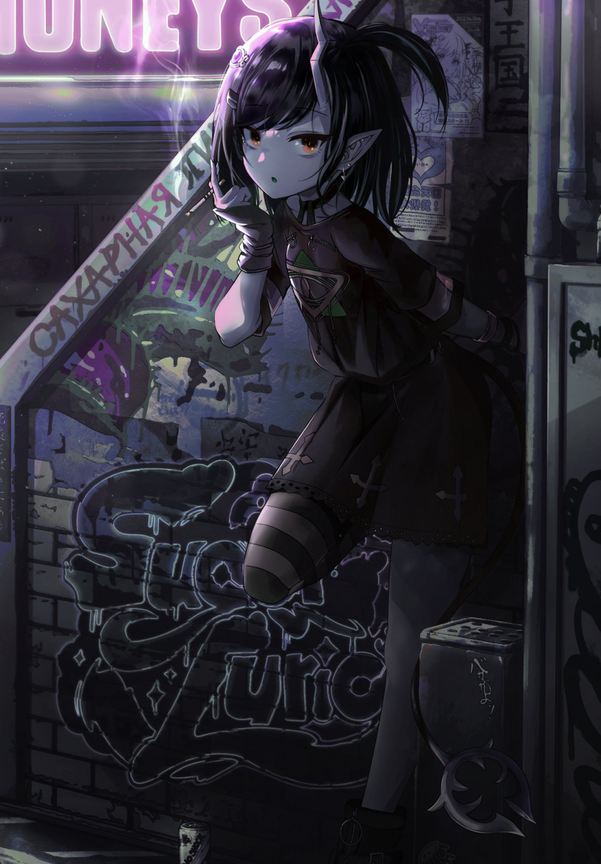 1girl black_dress black_hair brick_wall cigarette commentary_request cross_print demon_girl demon_tail dress ellieka_sama eye_of_providence flat_chest foot_out_of_frame graffiti highres holding holding_cigarette leaning_forward limited_palette looking_at_viewer medium_bangs medium_hair nanashi_inc. official_alternate_costume one_side_up open_mouth orange_eyes pantyhose pointy_ears print_dress russian_text shishio_chris shishio_chris_(3rd_costume) short_sleeves single_leg_pantyhose smoke solo striped striped_pantyhose tail virtual_youtuber wristband