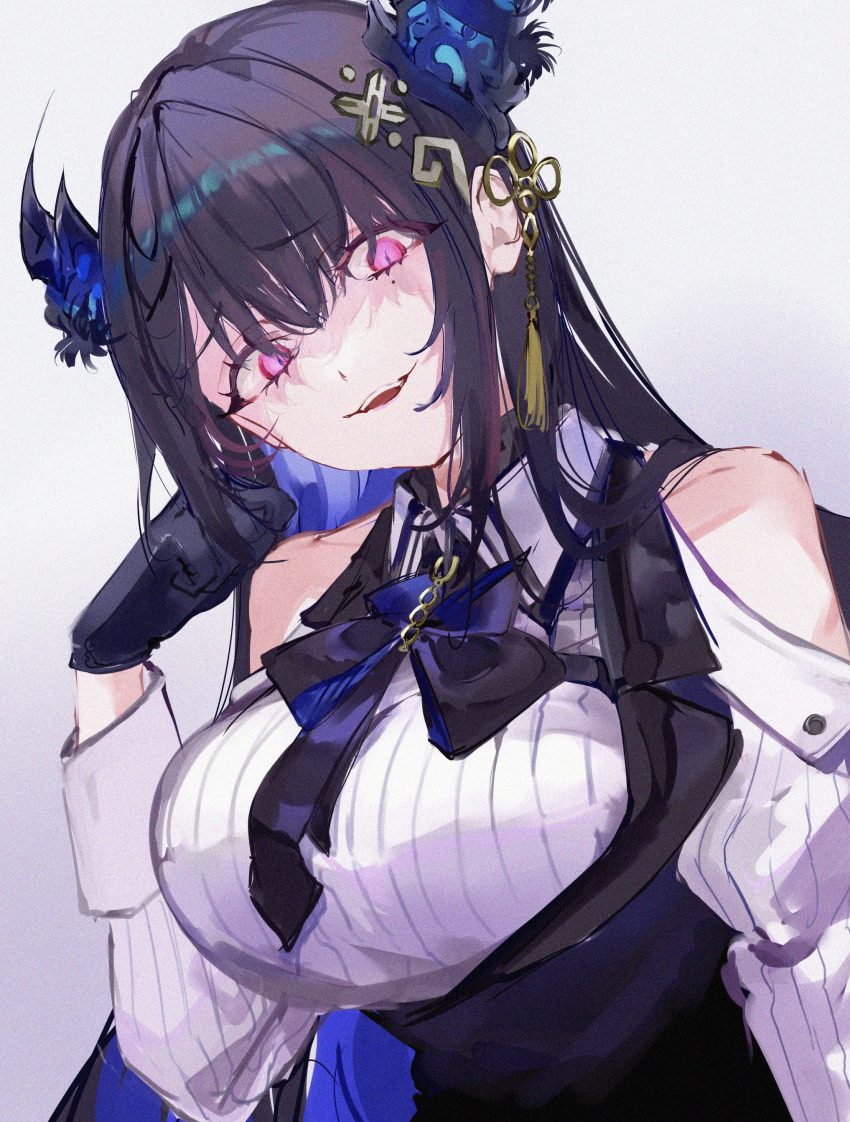 1girl absurdres asymmetrical_horns bare_shoulders black_hair blue_hair bow breasts colored_inner_hair crazy_eyes crazy_smile demon_horns hair_ornament highres hololive hololive_english horns large_breasts long_hair looking_at_viewer mile_(off8mile) mole mole_under_eye multicolored_hair necktie nerissa_ravencroft red_eyes smile solo two-tone_hair uneven_horns virtual_youtuber