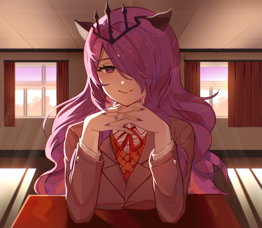 1girl absurdres alternate_costume blazer camilla_(fire_emblem) closed_mouth commentary commission cosplay crossover curtains desk doki_doki_literature_club english_commentary fire_emblem fire_emblem_fates fire_emblem_heroes gendou_pose grey_jacket hair_ornament hair_over_one_eye highres indoors jacket jewelry long_hair long_sleeves looking_at_viewer mariirasuto7 monika_(doki_doki_literature_club) monika_(doki_doki_literature_club)_(cosplay) neck_ribbon one_eye_covered own_hands_clasped own_hands_together purple_hair purple_nails red_ribbon ribbon ring school_desk school_uniform shirt smile solo very_long_hair violet_eyes wavy_hair white_shirt window