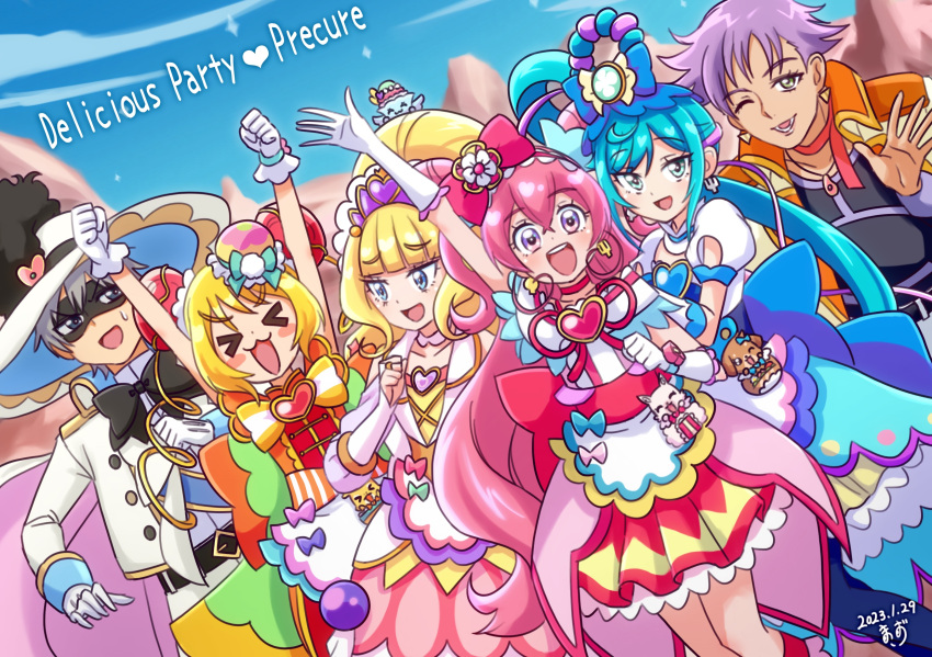 &gt;_&lt; 1boy 4girls :3 :d apron aqua_eyes arm_up arms_up artist_name back_bow big_hair black_bow black_pantyhose black_pepper_(precure) blonde_hair blue_bow blue_dress blue_eyes blue_hair blue_sky blunt_bangs blush_stickers bow bowtie bridal_gauntlets brooch bun_cover chinese_clothes choker clenched_hands closed_eyes clothing_cutout commentary cone_hair_bun copyright_name cure_finale cure_precious cure_spicy cure_yum-yum day delicious_party_precure domino_mask dress dutch_angle earrings fuwa_kokone gloves grey_hair hair_bun hanamichi_ran hat hat_feather heart heart_brooch highres huge_bow jacket jacket_on_shoulders jewelry kasai_amane kome-kome_(precure) long_hair looking_at_another magical_boy magical_girl mask medium_dress mem-mem_(precure) multiple_girls nagomi_yui one_eye_closed orange_bow outdoors pam-pam_(precure) pantyhose pink_dress pink_eyes pink_hair pink_sky precure purple_hair recipipi red_bow red_bowtie red_choker rope rosemary_(precure) shimenawa shinada_takumi short_hair shoulder_cutout side_ponytail signature sky smile sun_hat sweatdrop tan tiara triple_bun two_side_up very_long_hair waist_apron watch watch waving white_bow white_gloves white_headwear white_jacket zerolay