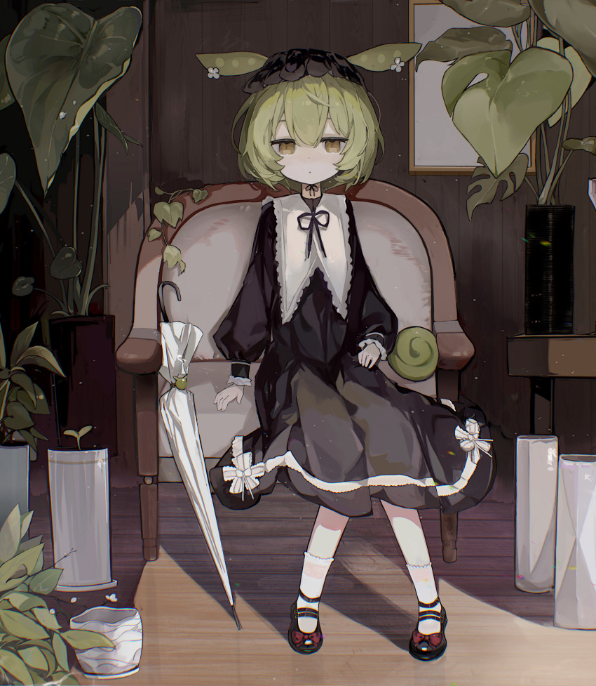 1girl absurdres black_dress black_footwear black_headdress bow chair closed_mouth commentary_request commission commissioner_upload dress dress_bow expressionless flower footwear_request green_hair hair_between_eyes hand_on_chair headdress highres indoors looking_at_viewer neck_ribbon on_chair orange_eyes pixiv_commission plant potted_plant ribbon sitting sleeve_cuffs socks solo straight-on sunlight umbrella voicevox window wooden_floor xiang_(kxre7237) zundamon