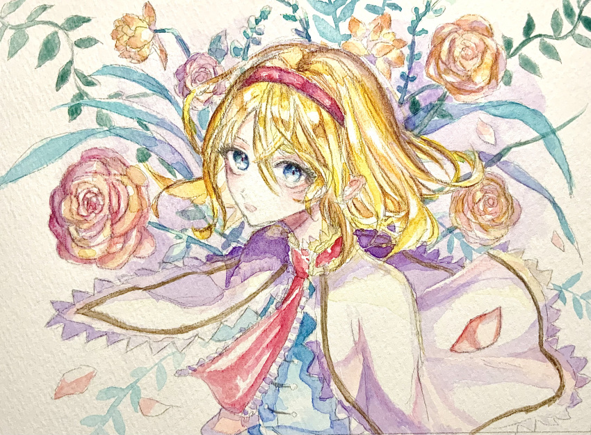 1girl :o alice_margatroid ascot blonde_hair blue_dress blue_eyes capelet dress floral_background flower frilled_ascot frills hair_between_eyes hairband highres looking_at_viewer medium_hair navybluesparrow open_mouth painting_(medium) petals red_ascot red_flower red_hairband red_rose rose solo touhou traditional_media upper_body watercolor_(medium) white_capelet yellow_flower yellow_rose