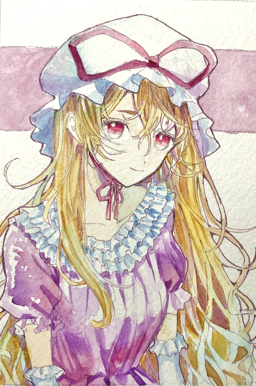 1girl absurdres blonde_hair choker dot_nose dress elbow_gloves frilled_dress frills gloves hair_between_eyes hat hat_ribbon highres light_smile long_hair looking_at_viewer mob_cap navybluesparrow painting_(medium) puffy_short_sleeves puffy_sleeves purple_dress red_background red_eyes red_ribbon ribbon ribbon_choker short_sleeves sidelocks solo touhou traditional_media two-tone_background upper_body very_long_hair watercolor_(medium) white_background white_gloves white_headwear yakumo_yukari