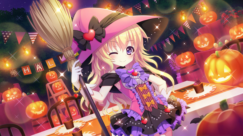 1girl armpits bare_shoulders barrel bat_(animal) black_bow black_choker black_skirt blonde_hair bow bowtie breasts brooch broom chair choker closed_mouth contrapposto cupcake dot_nose dress dutch_angle film_grain food game_cg gem gloves halloween halloween_costume hand_on_own_hip hasegawa_mii hat heart heart_brooch holding holding_broom icing izumi_tsubasu jack-o'-lantern jewelry ladder layered_skirt lens_flare long_hair night night_sky non-web_source off-shoulder_dress off_shoulder official_art one_eye_closed pearl_(gemstone) plate polka_dot purple_bow purple_bowtie purple_dress purple_headwear purple_skirt re:stage! silk skirt sky small_breasts smile solo sparkle sparkling_eyes spider_web stepladder string_of_flags striped table tablecloth tree violet_eyes white_gloves witch_hat yellow_bow