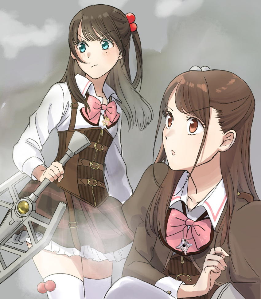 2girls :/ aqua_eyes arm_at_side assault_lily belt belt_buckle blush bow bowtie brown_belt brown_eyes brown_hair brown_jacket brown_skirt buckle closed_mouth collared_shirt commentary_request corset frilled_skirt frills gradient_background grey_background hair_bobbles hair_ornament hand_up haneda_catalina_mei highres holding holding_weapon jacket jewelry juliet_sleeves long_hair long_sleeves looking_ahead ludvico_private_girls'_academy_school_uniform miniskirt mole mole_under_eye multiple_belts multiple_girls necklace one_side_up parted_lips pendant pink_bow pink_bowtie puffy_sleeves sano_matilda_kokoro school_uniform shakeza shirt sidelocks skirt smoke standing thigh-highs underbust v-shaped_eyebrows weapon white_shirt white_thighhighs zettai_ryouiki