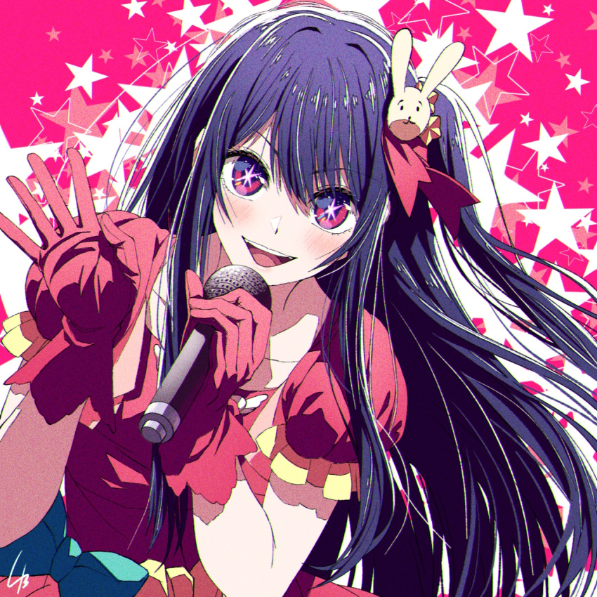 1girl 4b-enpitsu blue_bow blush bow chromatic_aberration collarbone commentary_request dress film_grain frilled_gloves frills gloves hair_between_eyes hair_ornament highres holding holding_microphone hoshino_ai_(oshi_no_ko) idol idol_clothes long_hair looking_at_viewer microphone one_side_up open_mouth oshi_no_ko pink_background pink_dress pink_gloves puffy_short_sleeves puffy_sleeves purple_hair rabbit_hair_ornament shadow short_sleeves sidelocks signature smile solo star-shaped_pupils star_(symbol) star_hair_ornament symbol-shaped_pupils teeth upper_body upper_teeth_only violet_eyes waving