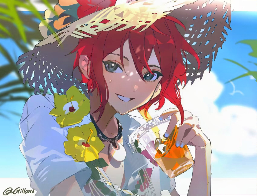 1boy alcohol artist_name blue_nails blue_sky border clouds cocktail commentary cup dappled_sunlight drink drinking_glass fingernails floral_print flower flower_hat gillannn green_eyes hair_between_eyes hat highres holding holding_cup holding_drink jewelry leaf light looking_at_viewer nail_polish necklace outdoors red_flower redhead riddle_rosehearts shirt short_hair short_sleeves sidelocks sky smile solo straw_hat summer sunlight sweat sweatdrop symbol-only_commentary twisted_wonderland upper_body white_border white_shirt yellow_flower