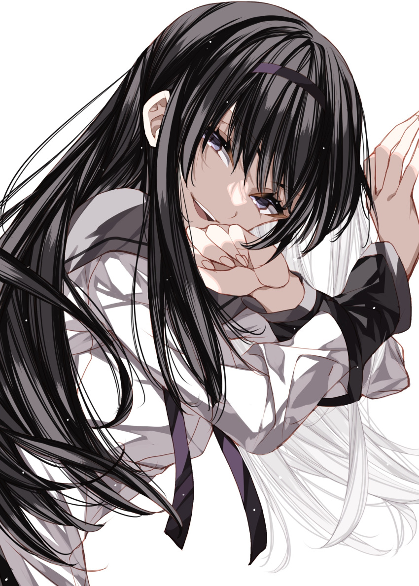 1girl akemi_homura black_hair hairband highres light_particles long_hair looking_at_viewer magical_girl mahou_shoujo_madoka_magica misteor open_clothes smile solo teeth upper_body upper_teeth_only violet_eyes white_background