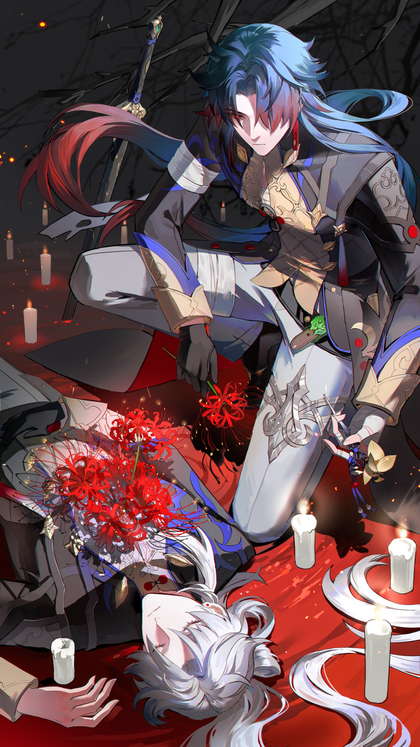 1boy absurdres alternate_hair_color black_gloves black_sleeves blade_(honkai:_star_rail) candle chinese_clothes closed_eyes closed_mouth death flower gloves grey_pants guaisen hair_over_one_eye highres holding holding_flower honkai:_star_rail honkai_(series) kneeling long_hair male_focus pants parted_bangs red_flower single_glove sword weapon white_hair