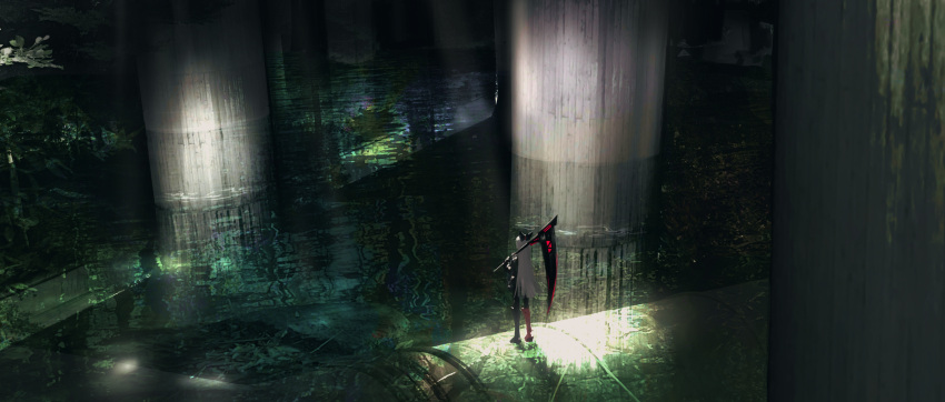 1girl absurdres black_jacket black_pants boots dark facing_away flood from_behind full_body highres holding holding_scythe indoors industrial_pipe jacket light_rays long_hair narue original pants reflection reflective_water ruins scenery scythe solo standing straight_hair white_hair wide_shot