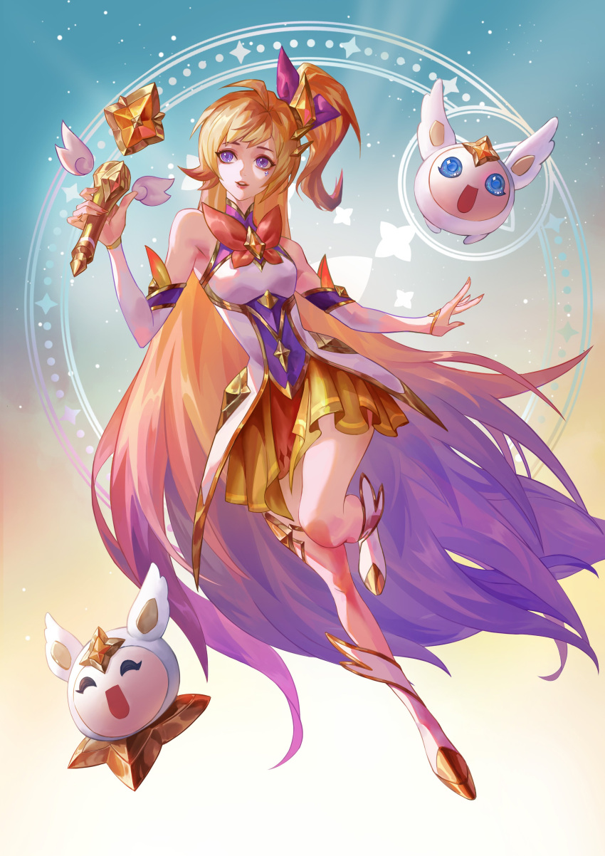 1girl absurdly_long_hair absurdres ahoge alternate_costume artist_request blonde_hair blue_eyes boots bow breasts brooch detached_sleeves eyeshadow facial_mark fingernails high_side_ponytail highres holding holding_wand jewelry league_of_legends long_hair looking_to_the_side makeup medium_breasts multicolored_hair nail_polish official_alternate_costume official_art open_mouth pink_lips pleated_skirt ponytail purple_bow seraphine_(league_of_legends) short_ponytail skirt smile solo standing standing_on_one_leg star_(symbol) star_guardian_(league_of_legends) star_guardian_pet star_guardian_seraphine teeth upper_teeth_only very_long_hair wand white_footwear white_sleeves yellow_nails yellow_skirt
