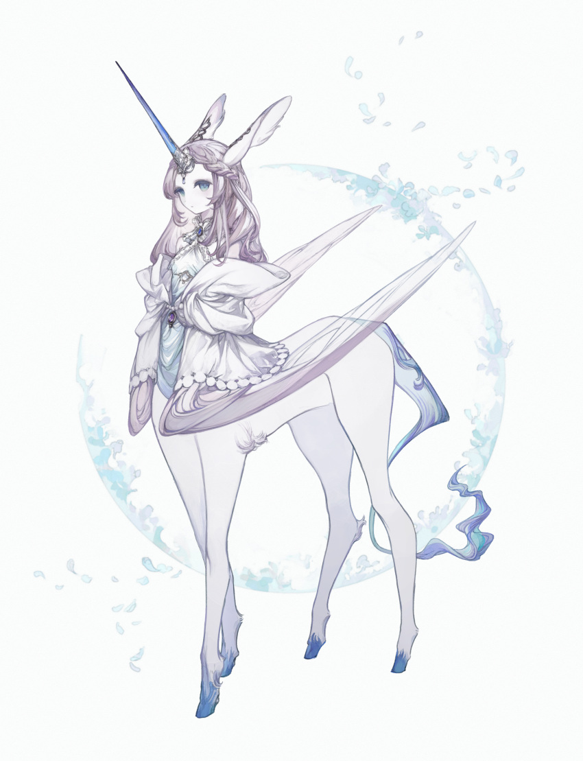 1girl :/ absurdres animal_ears blue_eyes blue_gemstone blue_horns centauroid closed_mouth full_body gem highres hooves horns horse_tail hoshi_rousoku long_hair looking_at_viewer original pale_skin purple_hair single_horn sleeveless solo standing tail taur unicorn_girl white_background white_fur winged_arms winged_unicorn wings