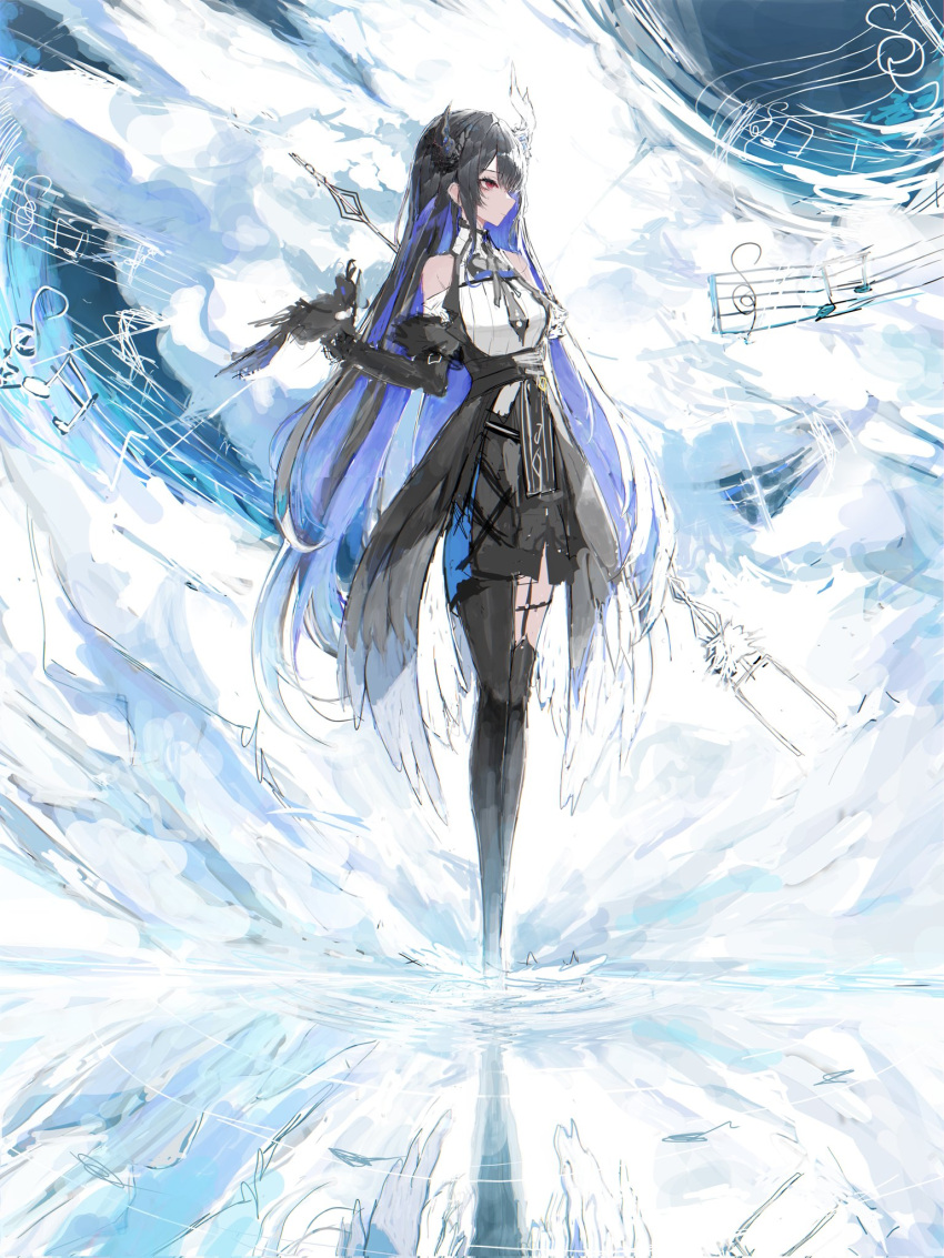 1girl bare_shoulders bident bird bird_on_hand black_hair black_sleeves black_thighhighs black_wings blue_hair breasts closed_mouth colored_inner_hair crow feathered_wings full_body fur_trim garter_straps hand_up highres holding holding_polearm holding_weapon hololive hololive_english hurybone long_hair long_sleeves low_wings medium_breasts multicolored_hair musical_note nerissa_ravencroft polearm red_eyes shadow_(nerissa_ravencroft) solo standing thigh-highs two-tone_hair uneven_horns very_long_hair virtual_youtuber weapon wings