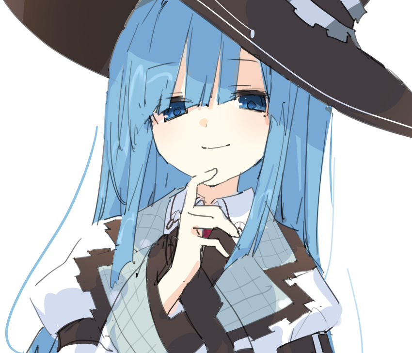 1girl blue_eyes blue_hair blunt_bangs bubun_oo closed_mouth coat hand_up hat highres hime_cut index_finger_raised long_sleeves looking_at_viewer mages. mole mole_under_eye neptune_(series) simple_background smile solo upper_body white_background witch_hat