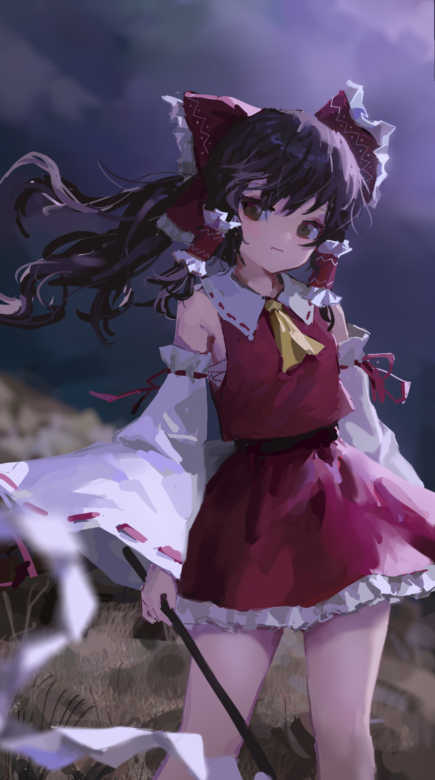 1girl absurdres ascot bare_shoulders black_hair bow brown_eyes closed_mouth detached_sleeves feet_out_of_frame frilled_skirt frills gohei hair_bow hair_tubes hakurei_reimu highres holding holding_gohei japanese_clothes long_hair nontraditional_miko red_bow red_skirt reddizen ribbon-trimmed_sleeves ribbon_trim sidelocks skirt solo touhou white_sleeves wide_sleeves yellow_ascot