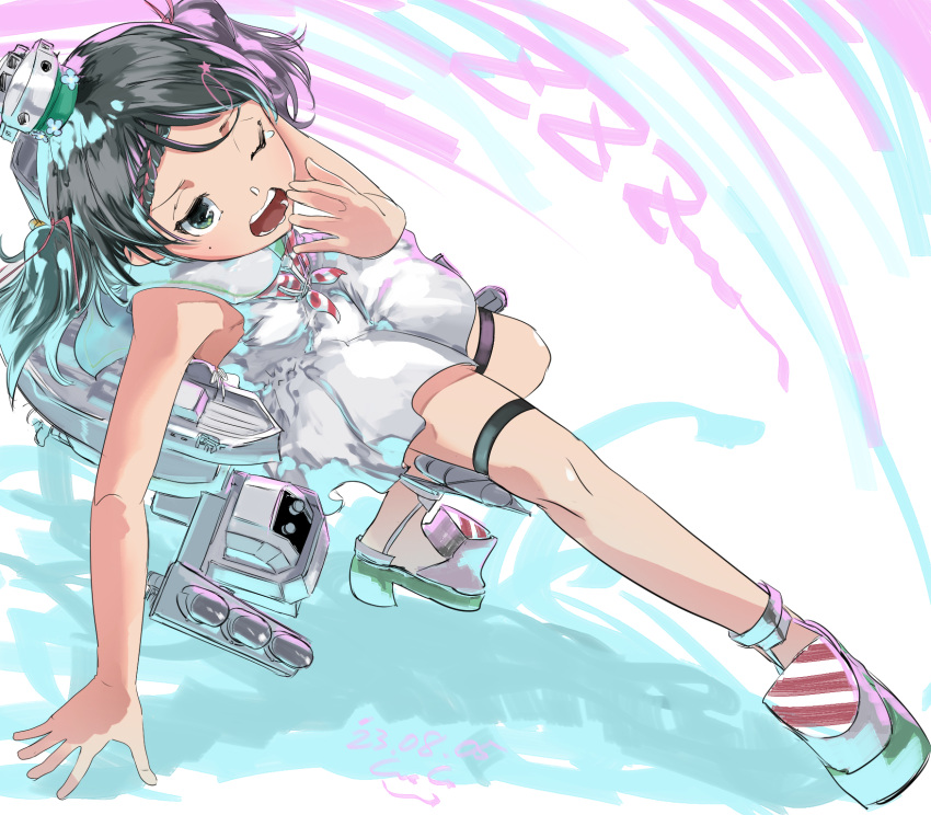 1girl adapted_turret anchor_ornament black_hair blush cannon dress gegeron green_eyes hair_ornament hairclip highres kantai_collection long_hair low-cut_armhole machinery mole mole_under_eye neckerchief open_mouth rigging sailor_collar sailor_dress scirocco_(kancolle) short_hair sleeveless sleeveless_dress solo striped_neckerchief torpedo_tubes two_side_up white_dress white_sailor_collar yawning