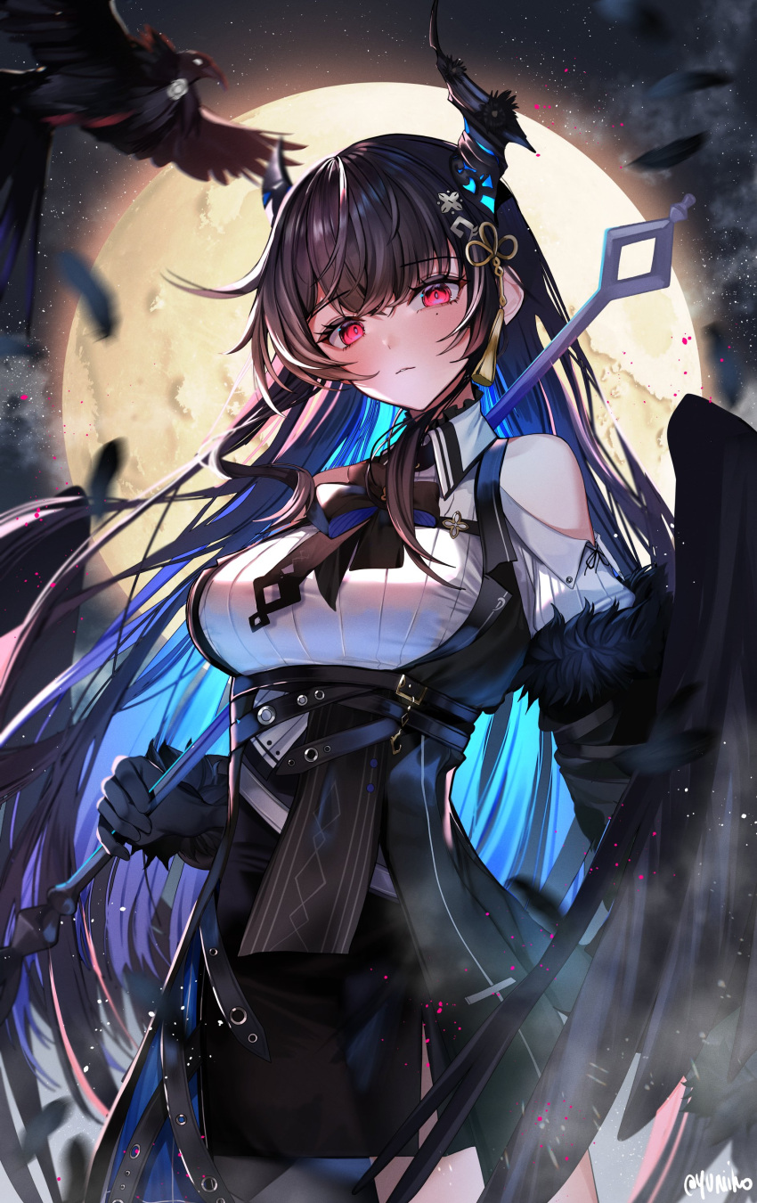 1girl absurdres belt bird black_belt black_feathers black_gloves black_hair black_horns black_skirt blue_hair breasts closed_mouth colored_inner_hair cowboy_shot crow falling_feathers feathers full_moon fur_trim gloves hair_ornament highres holding hololive hololive_english horns large_breasts long_hair looking_at_viewer miniskirt moon multicolored_hair multiple_belts nerissa_ravencroft night night_sky red_eyes shadow_(nerissa_ravencroft) skirt sky solo tassel tassel_hair_ornament two-tone_hair very_long_hair virtual_youtuber yuniiho
