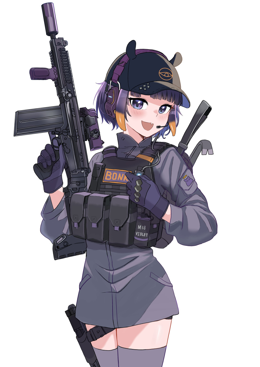 1girl absurdres blush chrispy_tuna crowbar gradient_hair gun hat highres holding holding_gun holding_weapon hololive hololive_english looking_at_viewer military military_hat multicolored_hair ninomae_ina'nis open_mouth pointy_ears purple_hair simple_background smile solo tentacle_hair tentacles thigh-highs trigger_discipline virtual_youtuber weapon white_background