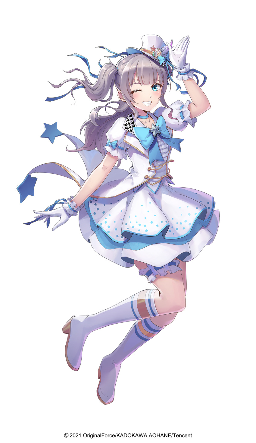 1girl blue_bow blue_choker blue_dress blue_necktie boots bow bridal_garter choker copyright dress floating_hair full_body gloves grey_hair grin hair_bow hat hat_bow hat_feather high_heels highres ibye idol idol_clothes jumping knee_boots layered_dress legs_up long_hair looking_at_viewer mini_hat mini_top_hat necktie official_art one_eye_closed puffy_short_sleeves puffy_sleeves qianniao_official short_sleeves smile solo tachi-e teeth tilted_headwear top_hat two-tone_dress two_side_up virtual_youtuber white_background white_dress white_footwear white_gloves white_hair wrist_cuffs