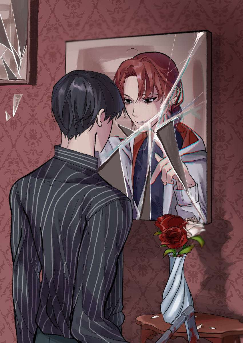 2boys axe black_hair black_shirt blood broken_mirror chromatic_aberration commentary_request ear_piercing earrings eoduun_badaui_deungbul-i_doeeo flower hatchet_(axe) highres holding jacket jewelry kim_jaehee korean_commentary long_sleeves looking_at_another looking_at_mirror male_focus mirror multiple_boys multiple_earrings park_moo-hyun piercing red_flower red_rose redhead rose sea_0328 shirt short_hair smile striped striped_shirt vase vertical-striped_shirt vertical_stripes