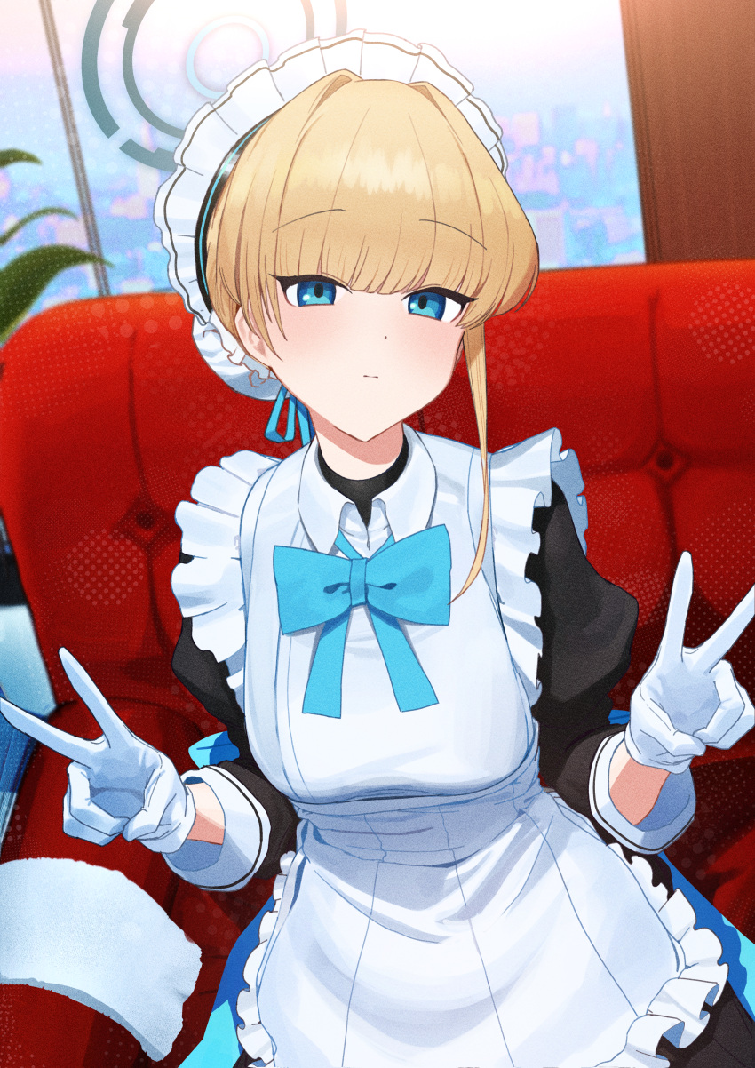 1girl absurdres apron black_dress blonde_hair blue_archive blue_bow blue_bowtie blue_eyes blue_ribbon blunt_bangs bow bowtie breasts bun_cover closed_mouth collared_shirt commentary couch cowboy_shot double_v dress frilled_apron frills gloves halo highres indoors large_breasts long_sleeves looking_at_viewer maid maid_headdress puffy_long_sleeves puffy_sleeves ribbon shirt short_hair single_sidelock solo toki_(blue_archive) v white_apron white_gloves zanya_000