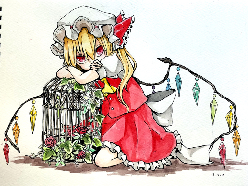 1girl ascot back_bow birdcage blonde_hair bow cage covering_mouth crossed_arms crystal dated flandre_scarlet flower frilled_skirt frills hair_between_eyes hat hat_ribbon highres kneeling large_bow leaf leaning_on_object long_hair looking_at_viewer miyangoroge mob_cap multicolored_wings painting_(medium) puffy_short_sleeves puffy_sleeves red_eyes red_flower red_ribbon red_rose red_skirt red_vest ribbon rose shirt short_sleeves skirt skirt_set solo touhou traditional_media vest watercolor_(medium) white_bow white_headwear white_shirt wings yellow_ascot