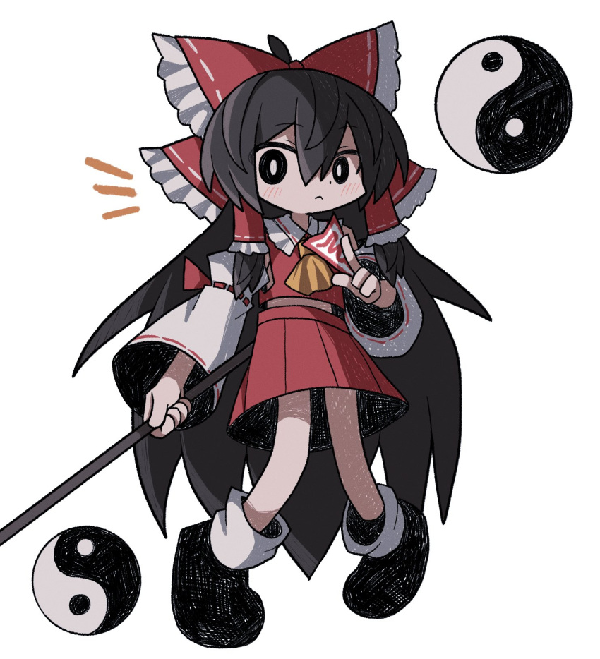 ascot black_eyes black_footwear black_hair blush bow chibi closed_mouth detached_sleeves dress full_body hair_bow hakurei_reimu highres holding holding_pole light_frown long_hair looking_at_viewer motion_lines nontraditional_miko orb pole red_bow red_dress simple_background touhou very_long_hair white_background white_sleeves yellow_ascot yin_yang yin_yang_orb zunusama