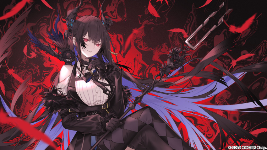 1girl asymmetrical_horns bare_shoulders black_hair blue_hair boots clothing_cutout colored_inner_hair crossed_legs demon_horns fur_trim hair_ornament highres holoadvent hololive hololive_english horns kotarou_(kot_mochi) long_hair looking_at_viewer mole mole_under_eye multicolored_hair nerissa_ravencroft official_art red_eyes shadow_(nerissa_ravencroft) shoulder_cutout sitting solo thigh_boots two-tone_hair uneven_horns virtual_youtuber