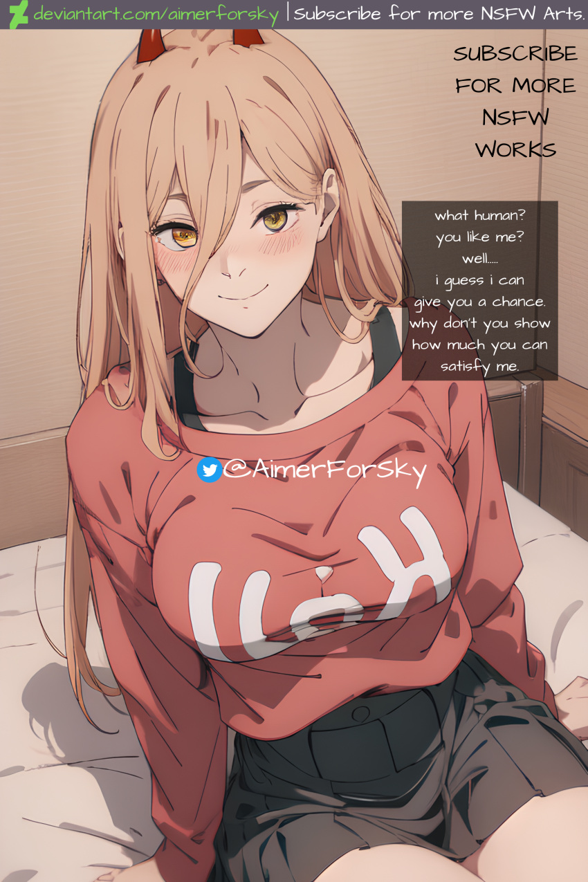 absurdres ai-generated bedroom black_skirt bra chainsaw_man highres hot pink_shirt power_(chainsaw_man) shirt skirt smile t-shirt underwear