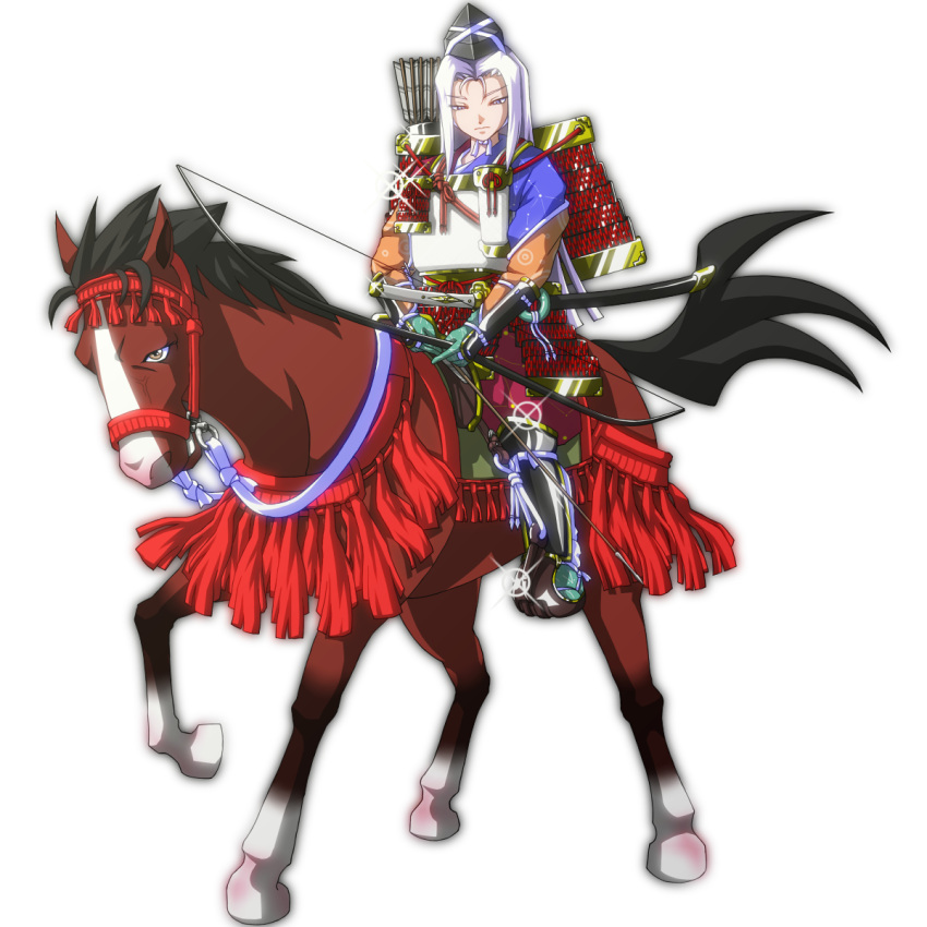 1girl adapted_costume armor arrow_(projectile) black_headwear brown_eyes closed_mouth commentary_request dou full_body highres horse horseback_riding imomusya japanese_armor kote kusazuri long_hair looking_at_viewer quiver riding shoulder_armor simple_background sode sword touhou weapon white_background white_hair yagokoro_eirin
