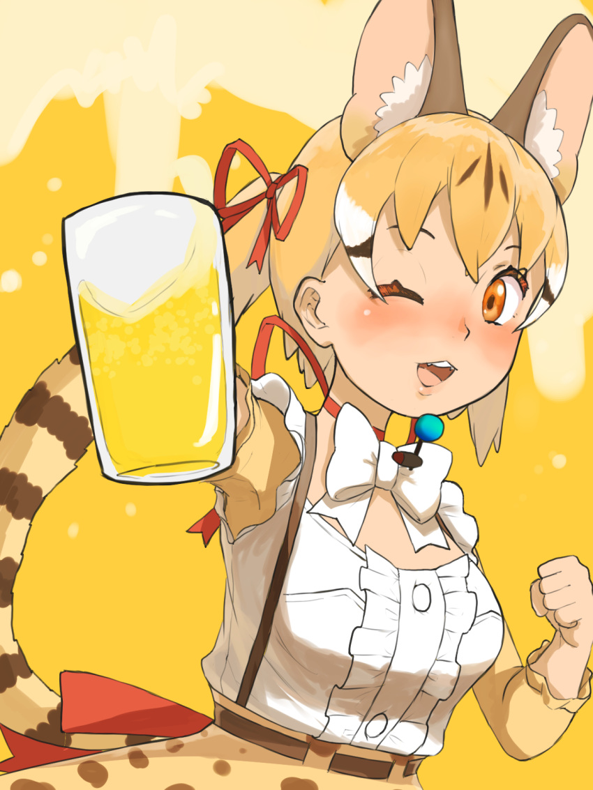 1girl alcohol animal_ears beer beer_mug belt bow bowtie brown_eyes brown_hair cat_ears cat_girl cat_tail cup extra_ears highres kemono_friends kemono_friends_v_project large-spotted_genet_(kemono_friends) long_hair looking_at_viewer microphone mug one_eye_closed ribbon shirt simple_background skirt smile solo suspenders tail twintails virtual_youtuber y0whqzz8bkslezl