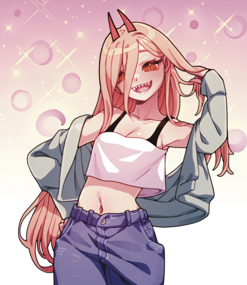 1girl blonde_hair chainsaw_man crop_top cross-shaped_pupils grey_hoodie hair_between_eyes highres hood hoodie horns lianbiglian long_hair looking_at_viewer midriff off_shoulder open_mouth power_(chainsaw_man) red_horns sharp_teeth smile solo symbol-shaped_pupils teeth yellow_eyes