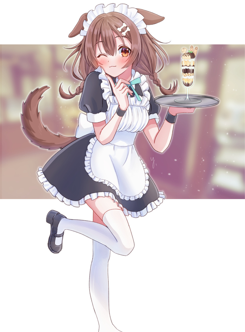 1girl alternate_costume animal_ear_fluff animal_ears apron black_dress black_footwear blurry blurry_background blush bone_hair_ornament braid brown_eyes brown_hair commentary_request dog_ears dog_girl dog_tail dress enmaided hair_between_eyes hair_ornament highres holding holding_plate hololive index_finger_raised inugami_korone leg_up loafers long_hair looking_at_viewer low_twin_braids maid maid_apron maid_headdress one_eye_closed parfait plate shoes short_sleeves sidelocks smile solo tail thigh-highs twin_braids virtual_youtuber white_thighhighs wrist_cuffs yukimura_88