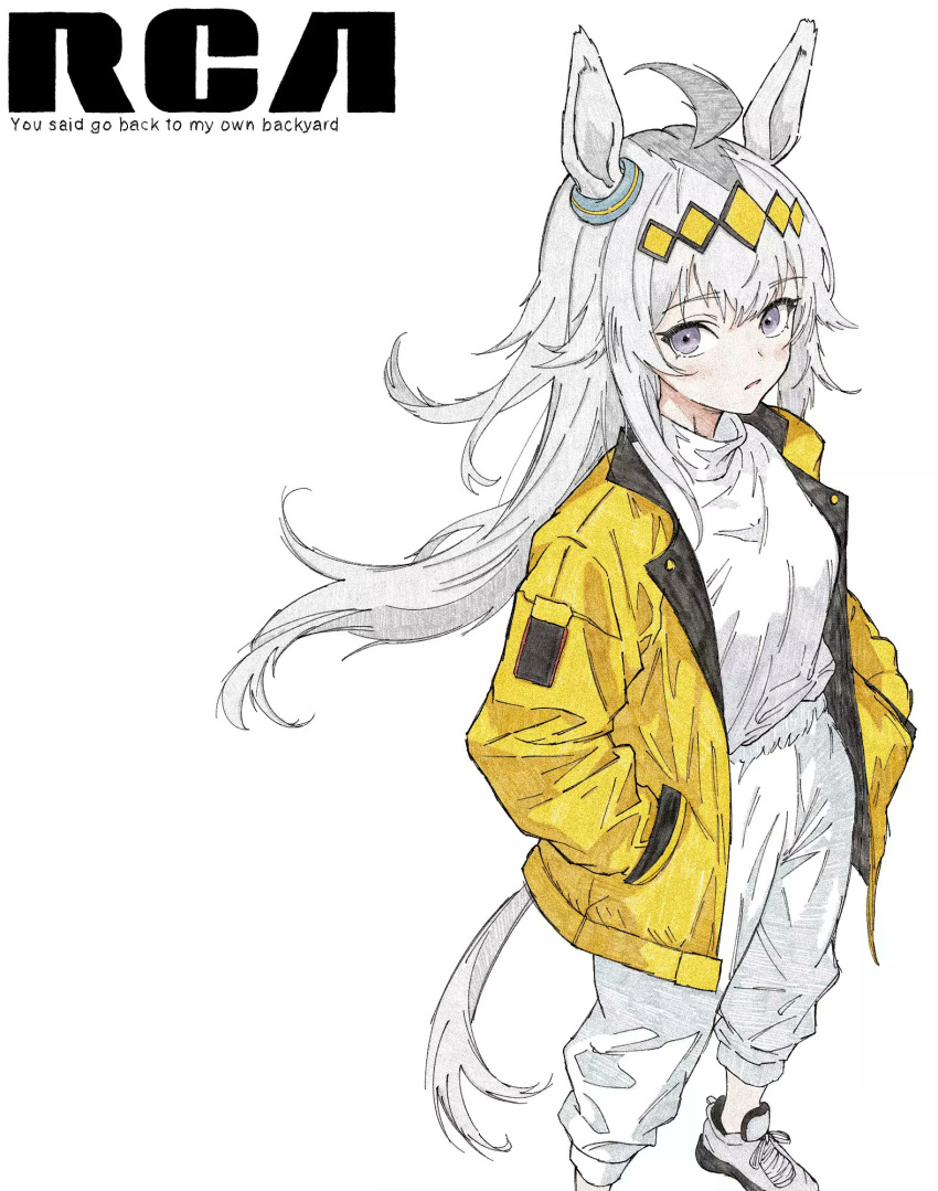 1girl ahoge alternate_costume animal_ears commentary english_commentary english_text feet_out_of_frame from_above from_side grey_eyes grey_hair hands_in_pocket highres horse_ears horse_girl horse_tail jacket long_hair long_sleeves looking_at_viewer oguri_cap_(umamusume) pants pinkerton shirt shoes simple_background sneakers solo tail umamusume white_background white_footwear white_pants white_shirt yellow_jacket