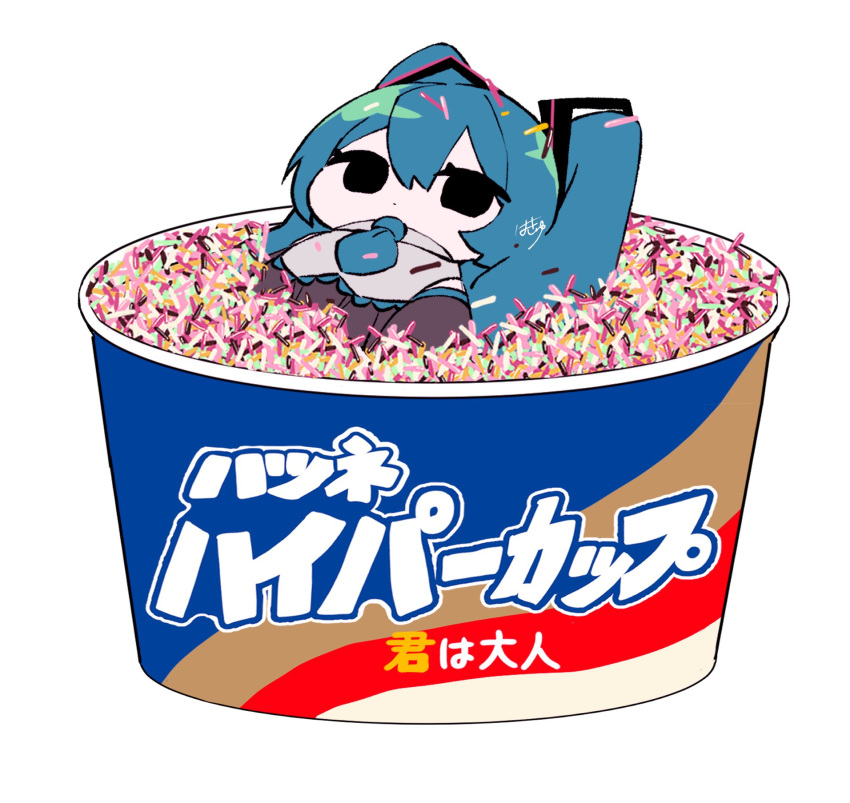 1girl alternate_eye_color black_eyes black_skirt black_sleeves blue_hair blue_necktie chibi collared_shirt commentary_request cup detached_sleeves dot_mouth eiku empty_eyes expressionless food food_on_head grey_shirt hatsune_miku highres in_food long_hair looking_at_viewer lying mini_person minigirl necktie no_pupils object_on_head on_back pleated_skirt shirt signature skirt solo sprinkles translation_request twintails vocaloid white_background