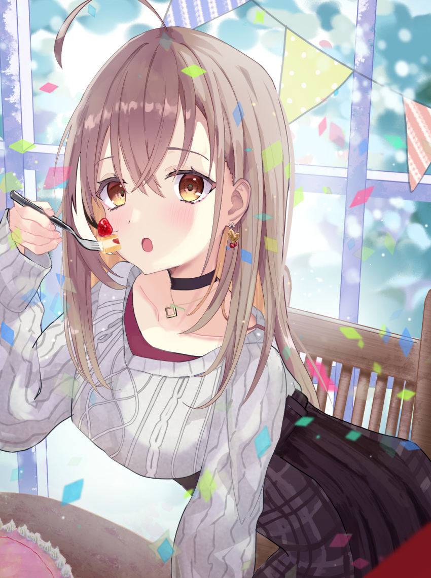 1girl :o ahoge berry black_choker brown_eyes brown_hair brown_hoodie brown_skirt cake choker confetti crossed_bangs earrings eating food food-themed_earrings fork hair_down hair_ornament hairclip happy_birthday highres holding holding_fork hololive hololive_english hood hoodie jewelry leaning_forward long_hair long_skirt looking_at_viewer manganeso multicolored_hair nanashi_mumei nanashi_mumei_(3rd_costume) necklace official_alternate_costume oversized_clothes plaid plaid_skirt pleated_skirt runes skirt sleeves_past_wrists strawberry_shortcake streaked_hair sweater virtual_youtuber white_sweater window wooden_chair