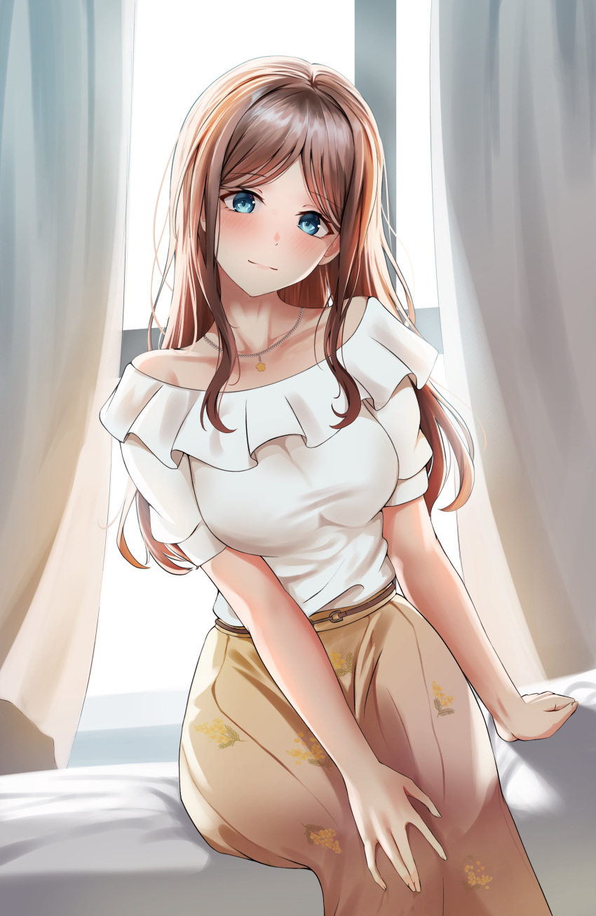 1girl absurdres bang_dream! bang_dream!_it's_mygo!!!!! blue_eyes blush breasts brown_hair closed_mouth curtains day furiousghafo hand_on_own_knee head_tilt highres indoors jewelry large_breasts long_hair long_skirt nagasaki_soyo necklace off-shoulder_shirt off_shoulder parted_bangs shirt short_sleeves sidelocks sitting skirt smile solo window