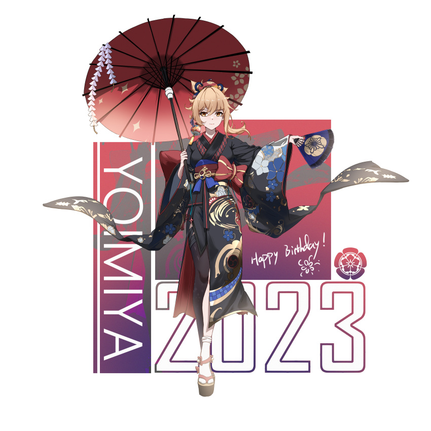 1girl 2023 absurdres alternate_costume black_kimono black_thighhighs breasts brown_hair character_name chinese_commentary closed_mouth commentary_request facing_viewer floral_print full_body genshin_impact hand_fan happy_birthday highres holding holding_fan holding_umbrella japanese_clothes kaka_cathenal kimono looking_ahead medium_breasts obi oil-paper_umbrella outstretched_arm print_kimono sash short_hair single_thighhigh solo standing tabi thigh-highs umbrella white_background wide_sleeves yellow_eyes yoimiya_(genshin_impact)