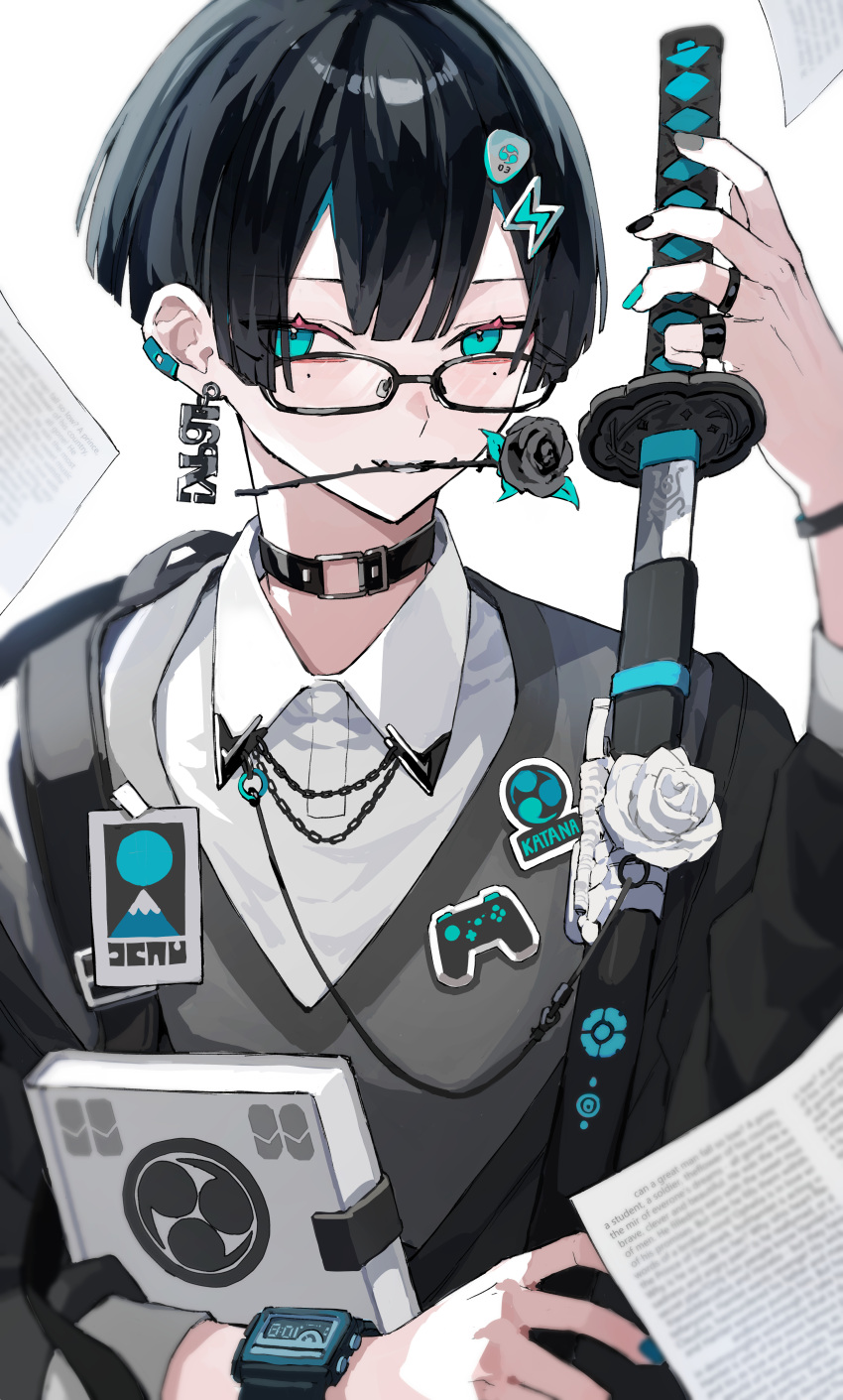 1boy absurdres aqua_eyes belt_collar black_flower black_hair black_jacket black_rose book chinese_commentary collar collared_shirt commentary_request dangle_earrings earclip earrings flower flower_in_mouth hair_ornament highres jacket jewelry katana lightning_bolt_hair_ornament lightning_bolt_symbol long_sleeves looking_at_viewer male_focus mole mole_under_eye mouth_hold multicolored_nails original rose sheath shirt short_hair sword unsheathing warui_neko watch watch weapon white_flower white_rose white_shirt