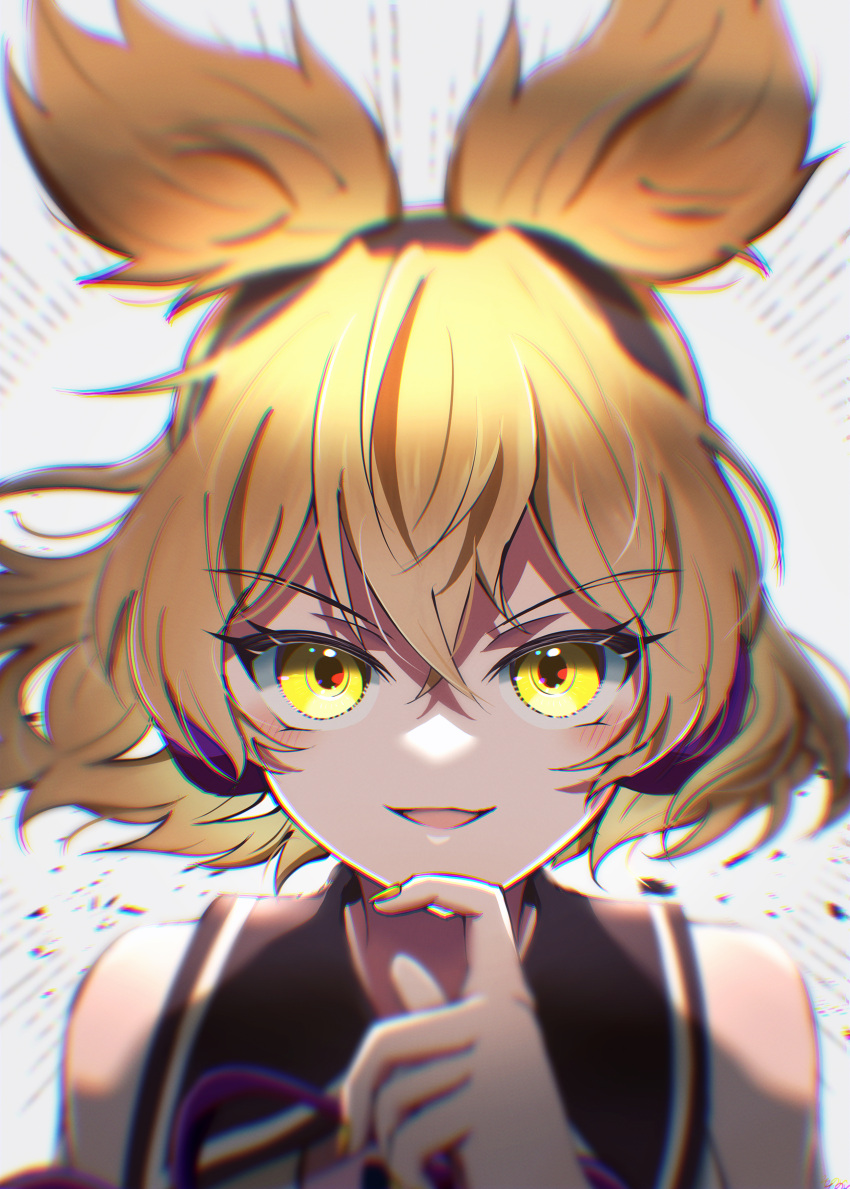 1girl absurdres black_sailor_collar blonde_hair breasts commentary_request earmuffs fingernails highres light_brown_hair nail_polish open_mouth pointy_hair sailor_collar shirt short_hair sleeveless sleeveless_shirt small_breasts solo touhou toyosatomimi_no_miko yellow_eyes yellow_nails yuriri2001