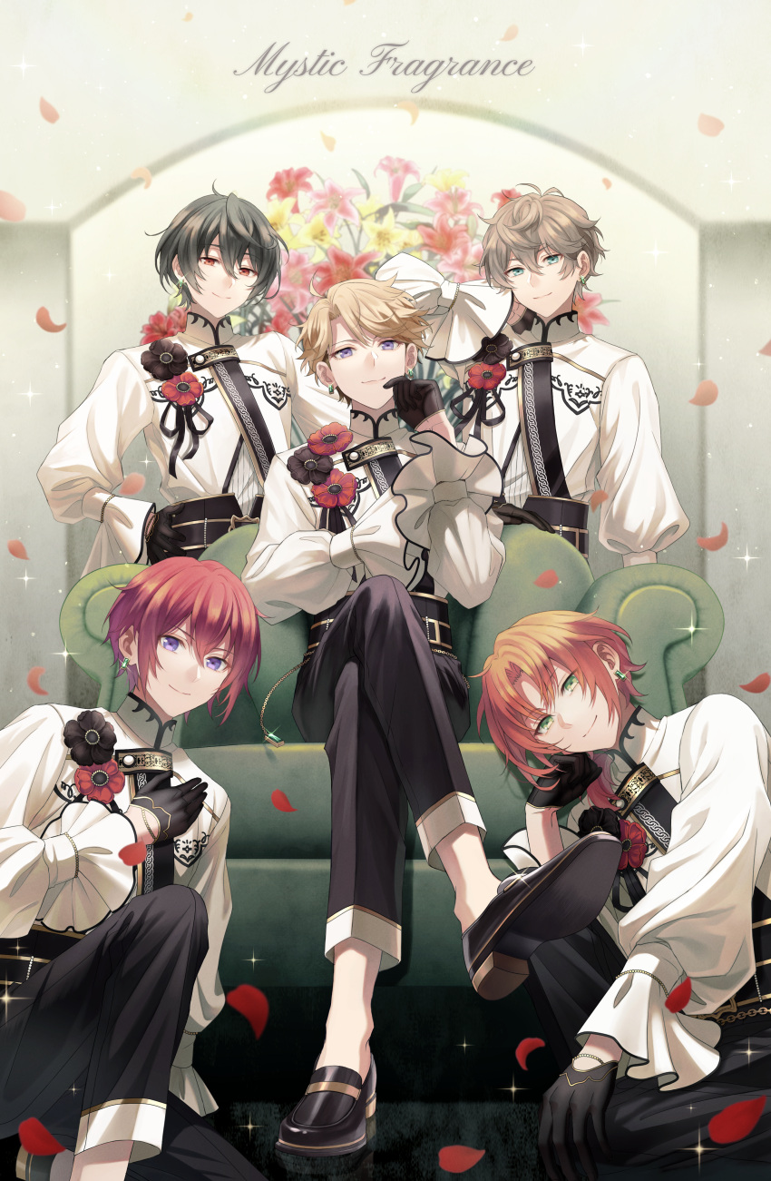 1other 4boys absurdres anemone_(flower) aqua_eyes armchair belt black_belt black_flower black_footwear black_gloves black_hair black_pants blonde_hair chair closed_mouth commentary corsage crossed_legs curtained_hair double-parted_bangs earrings english_commentary ensemble_stars! falling_petals feet_out_of_frame flower fragrance_(ensemble_stars!) frilled_sleeves frills full_body gem glint gloves green_eyes green_gemstone grey_hair hair_between_eyes half_gloves hand_on_own_arm hand_on_own_chest hand_on_own_hip hand_on_own_neck hand_to_own_mouth head_rest high-waist_pants highres indoors jacket jewelry knights_(ensemble_stars!) lily_(flower) loafers long_sleeves looking_at_viewer low_ponytail male_focus mandarin_collar medium_hair multiple_boys narukami_arashi on_one_knee orange_hair pants parted_bangs petals pink_flower red_eyes red_flower redhead reflective_floor sakuma_ritsu sena_izumi_(ensemble_stars!) shirt shoes short_hair sitting smile song_name sparkle standing suou_tsukasa swept_bangs tsukinaga_leo violet_eyes white_jacket white_shirt xino yellow_flower