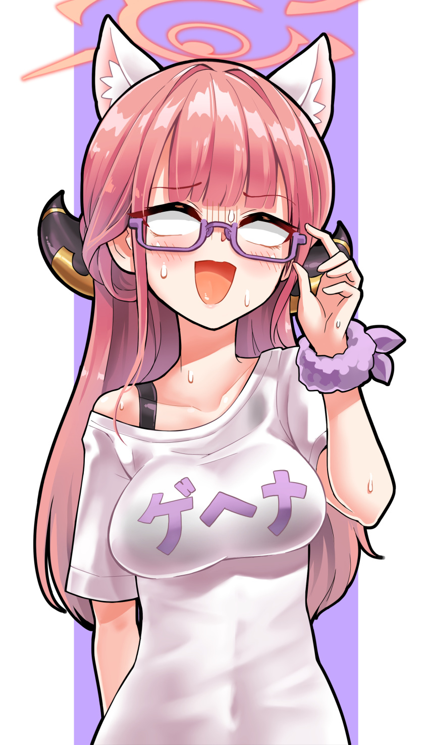 1girl :d absurdres adjusting_eyewear alternate_costume animal_ears aru_(blue_archive) blue_archive blunt_bangs casual cat_ears collarbone commentary demon_girl demon_horns english_commentary fake_animal_ears glasses halo highres hm_(hmongt) horns long_hair looking_at_viewer looking_to_the_side nervous_sweating redhead scrunchie shirt short_sleeves sidelocks simple_background smile solo sweat t-shirt translation_request two-tone_background white_background white_shirt wrist_scrunchie